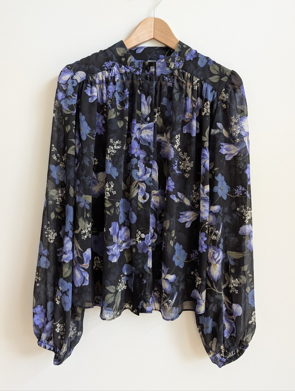 Joie Medium Black Semi Sheer Chiffon Blouse Top Black With Purple Blue Iris